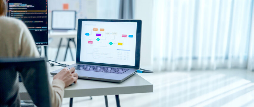 software developer reviews UX/UI design diagrams while coding at a workstation