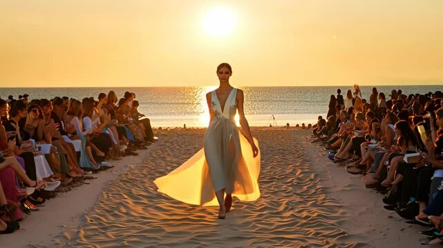 Fashion model showcases elegant beachwear at sunset during a stunning outdoor runway event in a coastal location