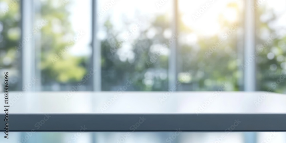 Poster selective focus. empty white tabletop with a blurred abstract view of window glass. suitable for mon