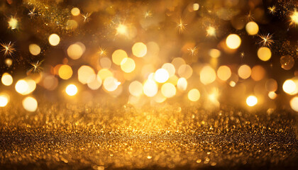 Christmas glowing Golden Background. Christmas lights. Gold Holiday New year Abstract Glitter Defocused Background With Blinking Stars and sparks. Blurred Bokeh.