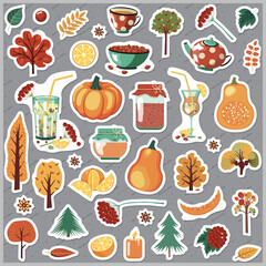 Autumn-Themed Sticker Pack Featuring Pumpkins, Oranges, Rose Hips, Orange Tea, Mulled Wine and and Cozy Seasonal Elements