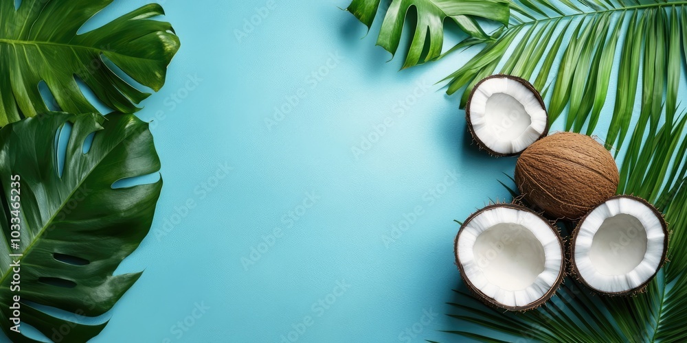 Poster palm leaves, monstera, and coconut arranged in a flat lay on a blue background with copy space.