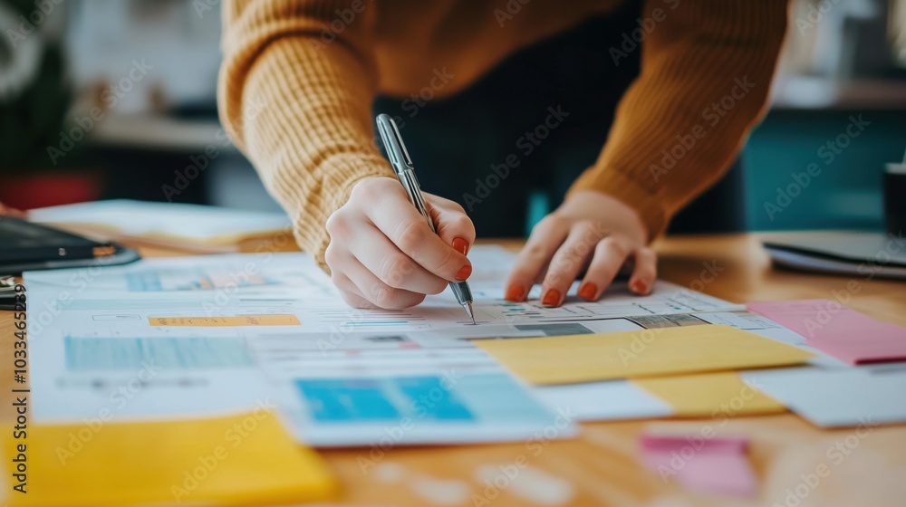 Poster creative workspace with design sketches and sticky notes, person writing