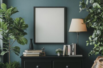 Creative composition of living room interior with mock up poster frame, vase with died flowers, braided plaid, modular sofa, wooden coffee table and personal accessories. Home decor, Generative AI