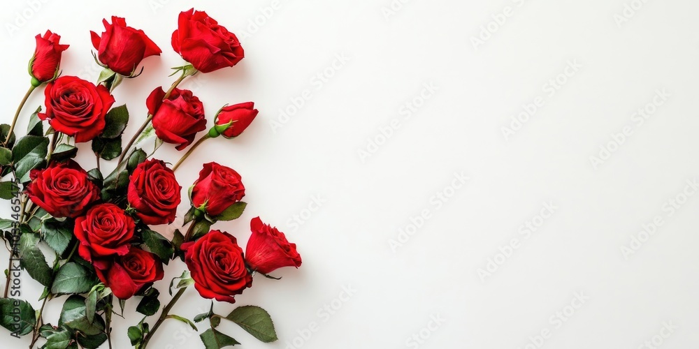 Poster greeting card. arrangement of flowers. bouquet of red roses on a white background with space for tex