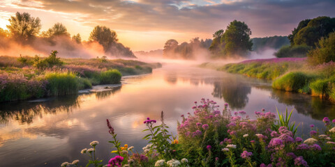 Obraz premium serene river landscape at sunrise, featuring soft mist curling above tranquil waters, surrounded by vibrant wildflowers and lush greenery. scene evokes sense of peace and natural beauty