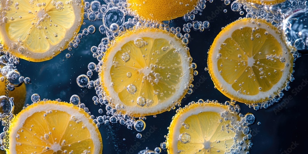 Poster a collection of lemon slices immersed in water with bubbles.