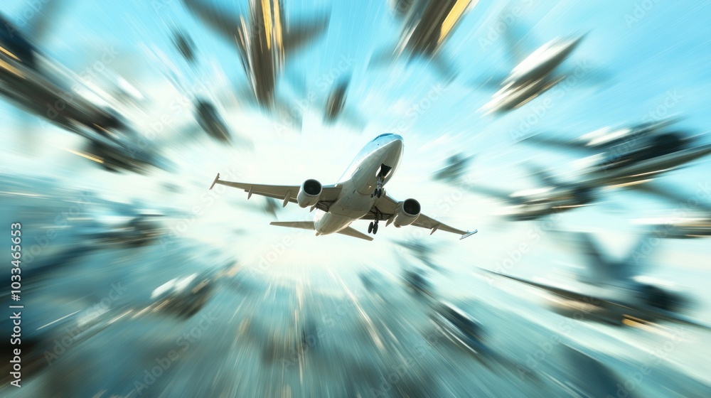 Poster a white passenger airplane flying through a busy sky with many other planes blurred in the backgroun