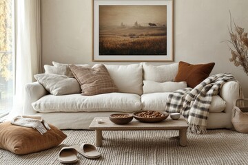 Warm and cozy living room interior with red mock up poster frame, copy space, stylish beige sofa, patterned pillow, coffee table and personal accessories. Home decor, Generative AI