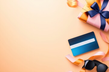 Colorful gift with a bow, credit card, and sunglasses on a soft background for shopping or celebration.