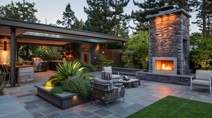 Modern Backyard with Fireplace and Outdoor Kitchen