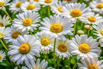 Fototapeta premium Vibrant white petals with yellow centers create stunning display of daisies blooming in abundance, evoking sense of joy and tranquility in nature