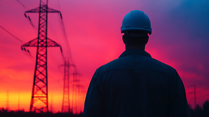 A worker in a hard hat stands silhouetted against a vibrant sunset sky, with power lines stretching into the distance, symbolizing energy and progress.