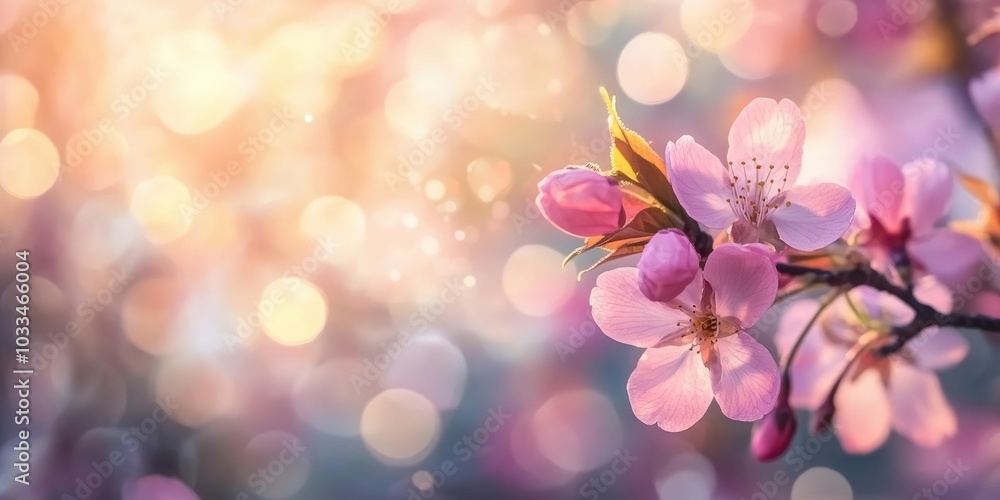 Aufkleber lovely pink blossoms of a sakura tree against a blurred bokeh backdrop on a warm, sunny day. spring-