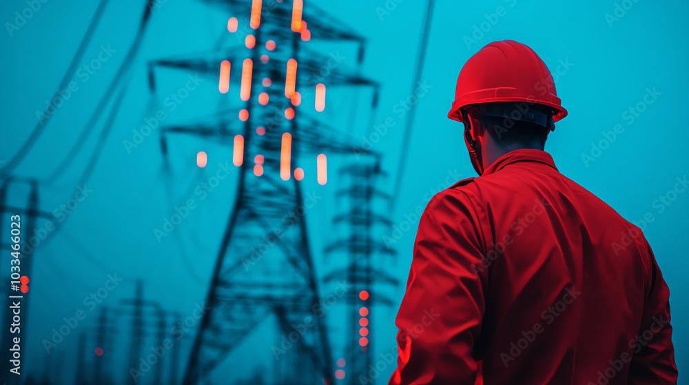 Wall mural an electrical worker in a red helmet observes power lines amidst a striking blue backdrop, highlight