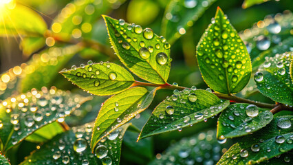 Obraz premium Lush green leaves glisten with dewy raindrops, capturing beauty of nature. vibrant colors and sparkling droplets create refreshing and serene atmosphere