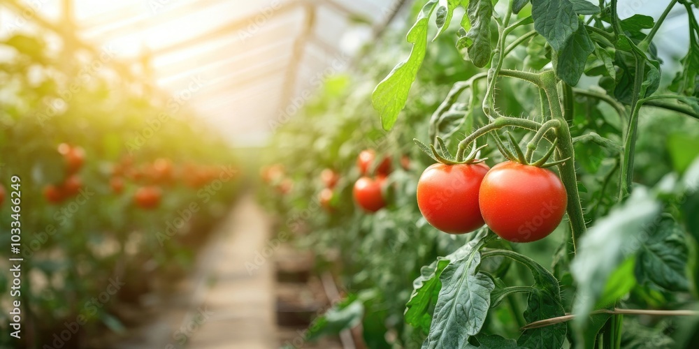 Poster tomatoes developing on a vine in a greenhouse. copyspace.
