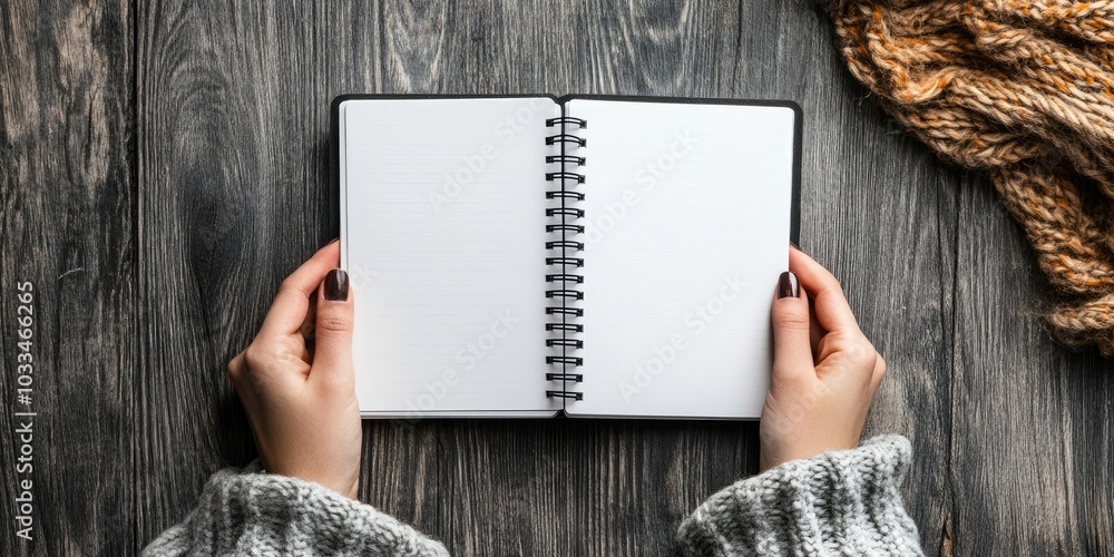 Poster flat lay image of a woman's hands holding an open square spiral notepad with blank white pages