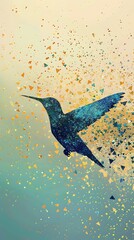 Obraz premium A simple flat image of a bird silhouette created from sequins in shades of teal and gold, positioned against a smooth pastel backdrop for contrast. 8k UHD, suitable for high-quality printing 