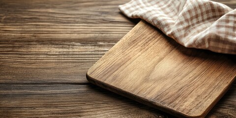 Board and napkin on a wooden surface, close-up.
