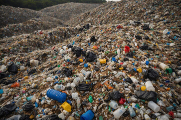 landfill overflowing with trash and plastic waste, highlighting the issue of overconsumption