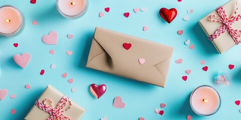 Valentine's Day backdrop. Gifts, candles, confetti, and an envelope on a pastel blue background. Valentine's Day theme. Flat lay, top view, copyspace.