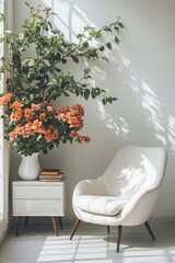 Interior design of white living room space with modern armchair, mock up poster frame, commode,  books, plants and personal accessories. Template. Home, Generative AI