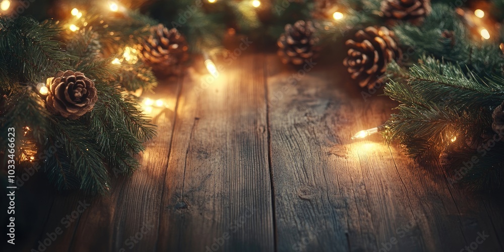 Poster a christmas tree garland shines on a rustic wooden table, creating a festive background.