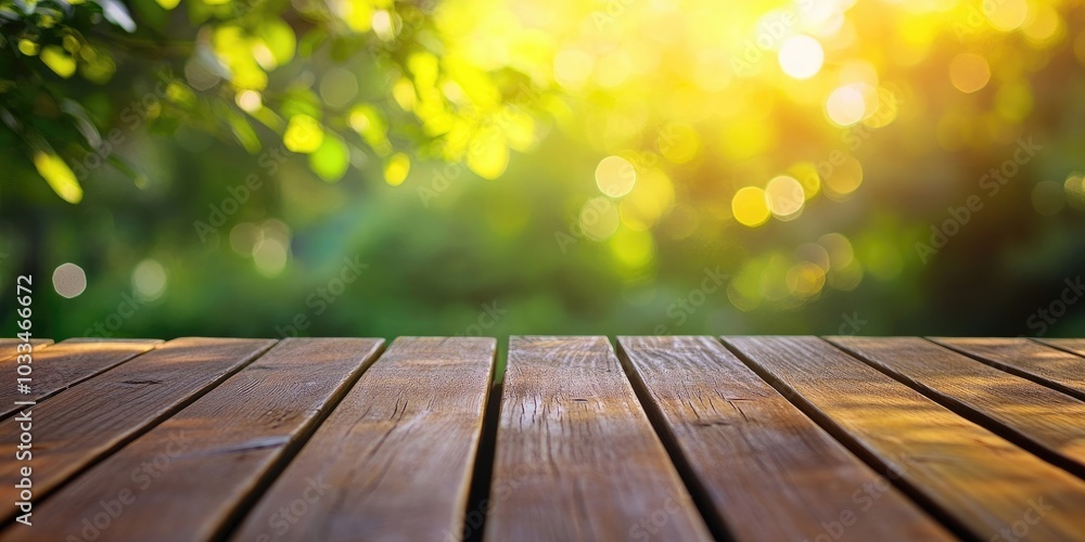 Leinwandbilder empty wooden deck table with a bokeh background of foliage. prepared for product display montage.