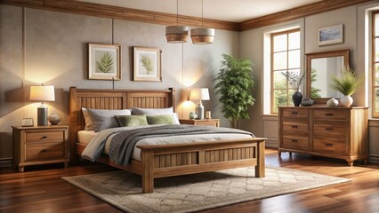 Naklejka premium Transform your bedroom with elegant wooden furniture featuring timeless designs that enhance comfort and style in your home, creating a warm, inviting environment.