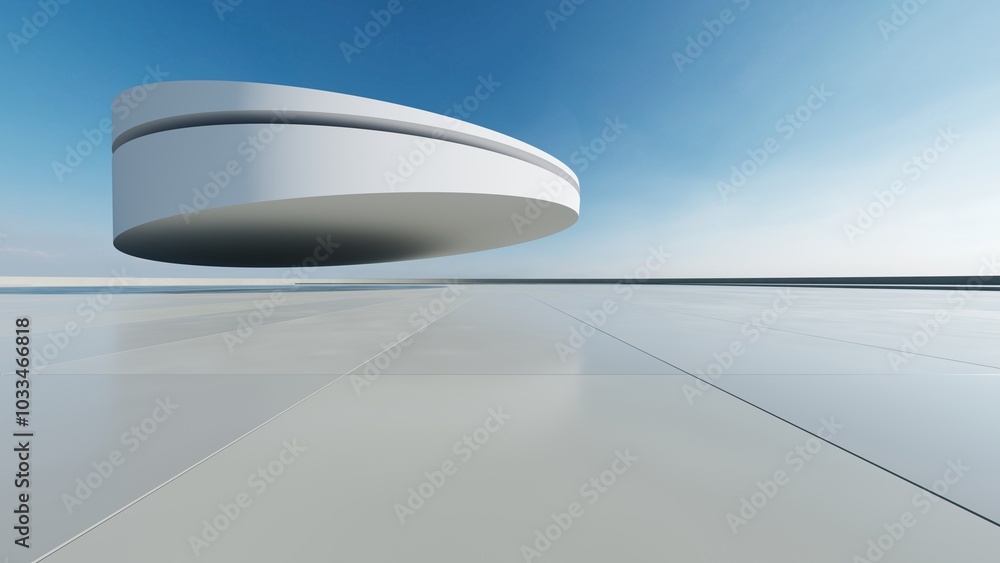 Poster 3d render of white futuristic architecture, abstract circle structure with empty concrete floor
