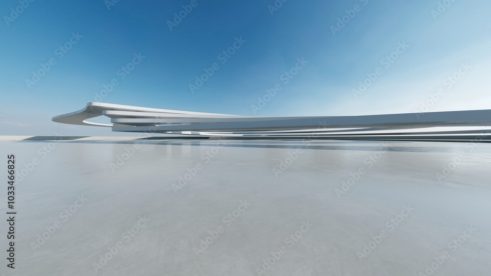 Poster 3d render of white futuristic architecture, abstract structure with empty concrete floor