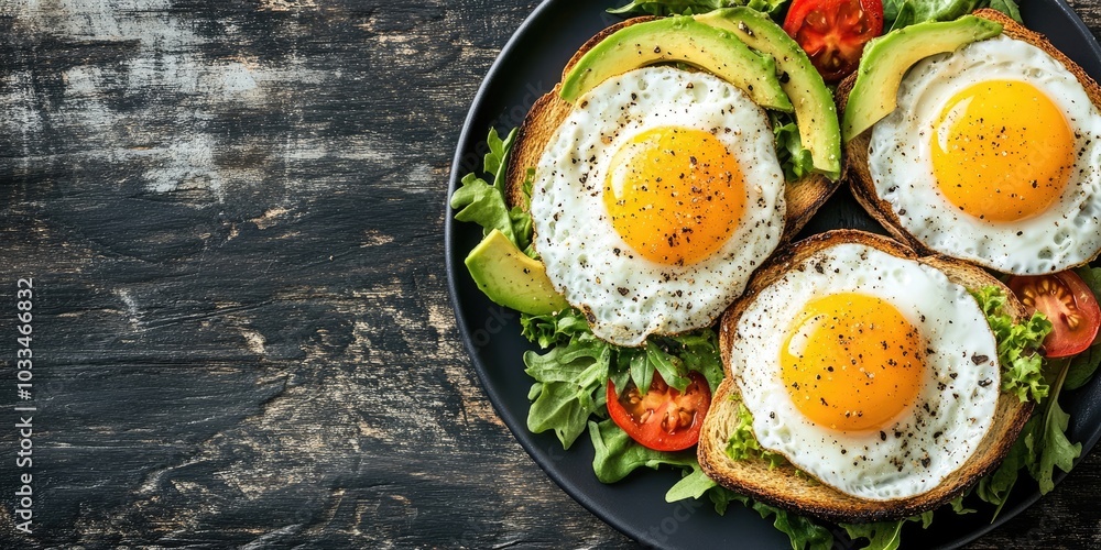 Aufkleber lunch featuring high fiber and protein. fried eggs with vegetables next to toast topped with avocado