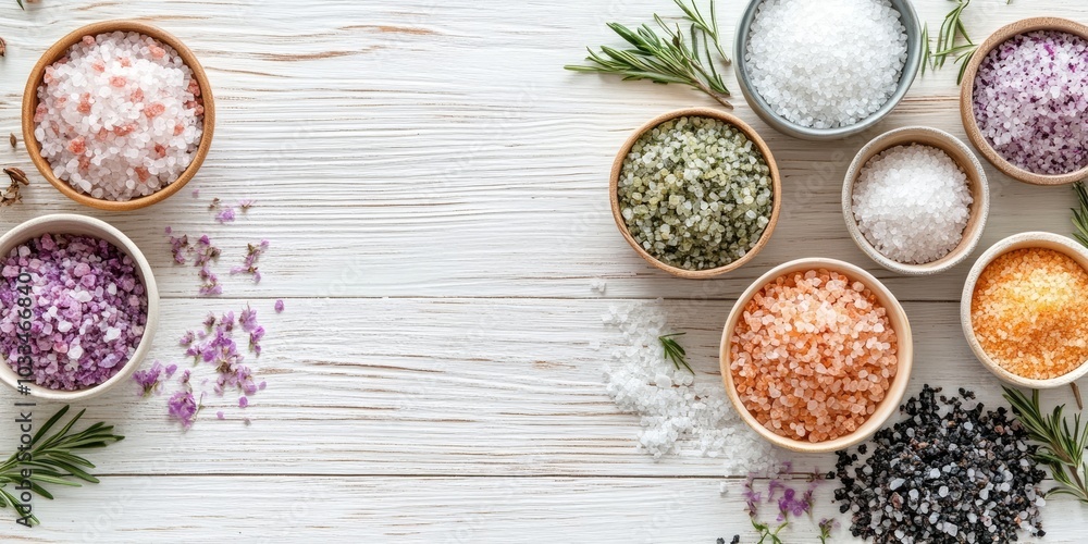 Poster spa cosmetics. a collection of salts in bowls on a white wooden background with a top-down view and 