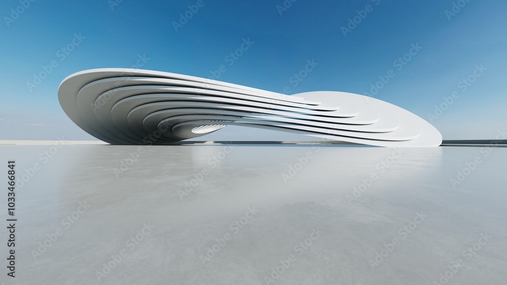 Poster 3d render of white futuristic architecture, abstract structure with empty concrete floor