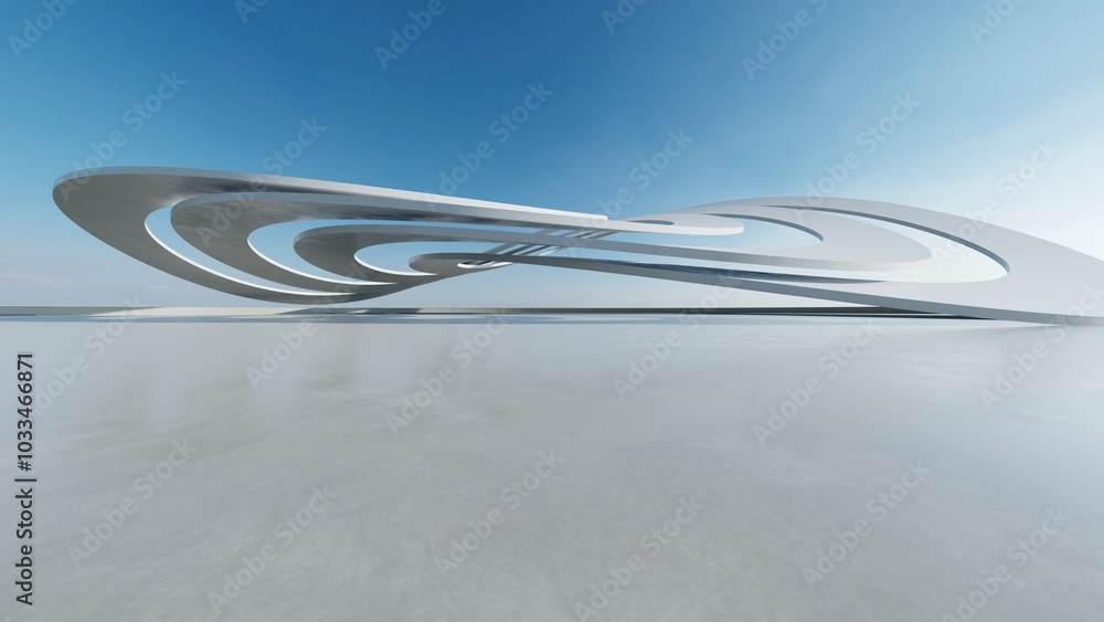 Poster 3d render of white futuristic architecture, abstract structure with empty concrete floor