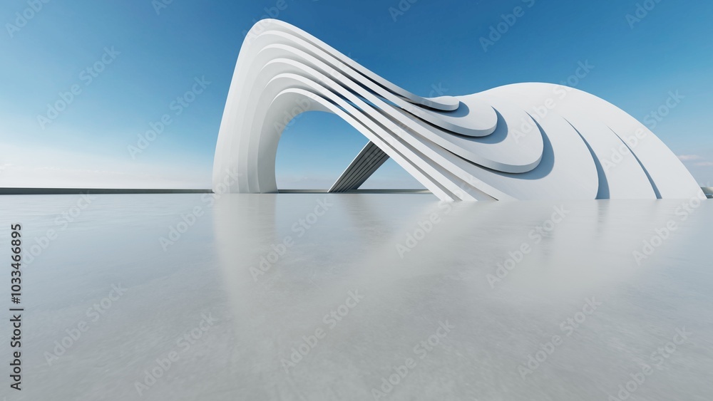 Poster 3d render of white futuristic architecture, abstract structure with empty concrete floor