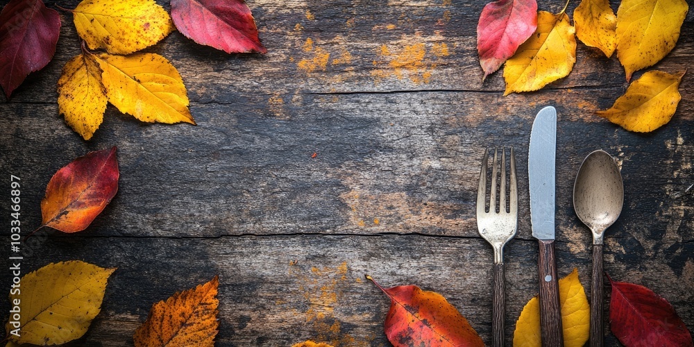 Aufkleber Autumnal table setting featuring yellow and red leaves on a rustic backdrop with copy space.