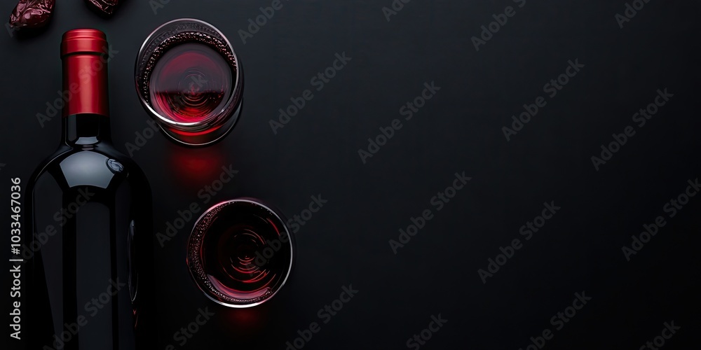 Poster an elegant bottle and red wine glasses against a black background. top view. this conveys the idea o