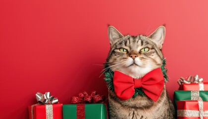 A festive cat wearing a red bow tie beside colorful Christmas presents against a red background.
