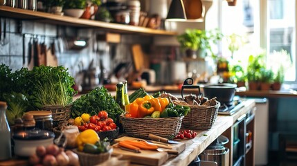 Fresh Ingredients in a Cozy Kitchen Setting