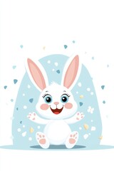 Cute and cheerful cartoon rabbit with big eyes, surrounded by colorful confetti. Perfect for children's themes and designs.
