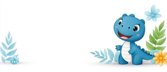 Cute blue dinosaur cartoon character surrounded by leaves and flowers, perfect for children's designs and playful themes.