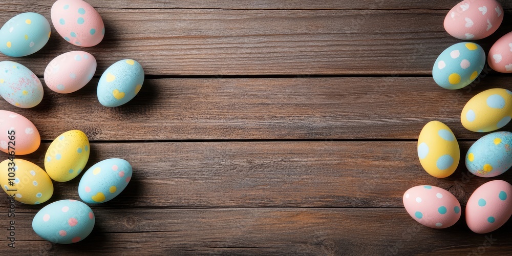 Aufkleber flat lay of colorful easter eggs arranged on a wooden background. easter-themed backdrop or concept.