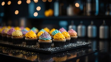 Aesthetic preparation of spring cupcake on a black themed kitchen. bokeh style.