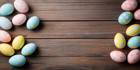 Flat lay of colorful Easter eggs arranged on a wooden background. Easter-themed backdrop or concept. Happy Easter.
