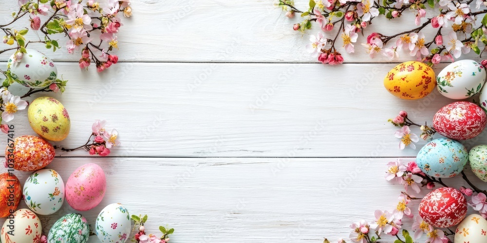 Aufkleber Vibrant Easter eggs and spring blooms. A top view with a side border set against a white wooden backdrop. Copy space.