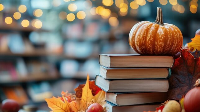 Autumn decoration with pumpkins on a stack of books in a bookstore, Thanksgiving special offer