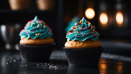 Aesthetic preparation of cupcake cones cupcake on a black themed kitchen. bokeh style.