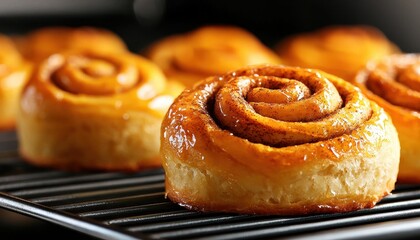 Delicious freshly baked cinnamon rolls cooling on a rack, golden brown with a shiny glaze.